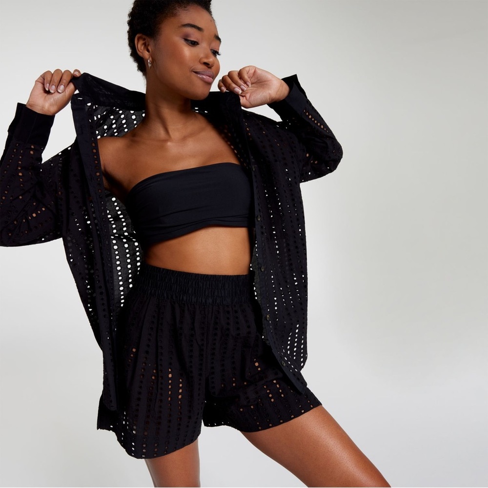 NWT CALIA Women's Oversized Perforated Long Sleeve Button Down 2 Piece Cover Up